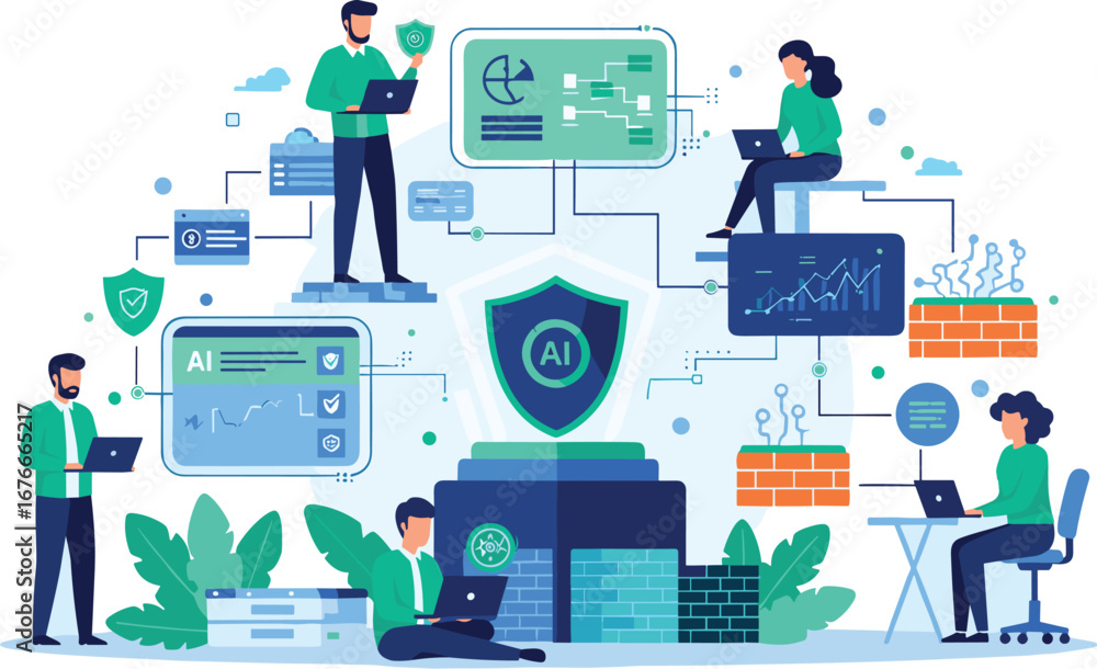 Poster ai data security concept with people analyzing data. cybersecurity, technology, artificial intellige