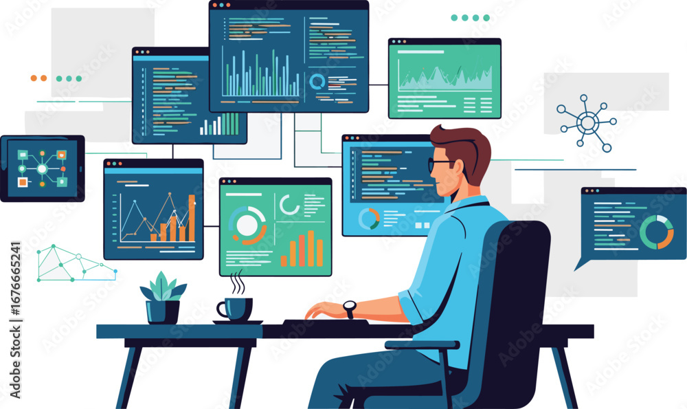 Poster man works at desk surrounded by data charts. data analysis, business intelligence, software developm