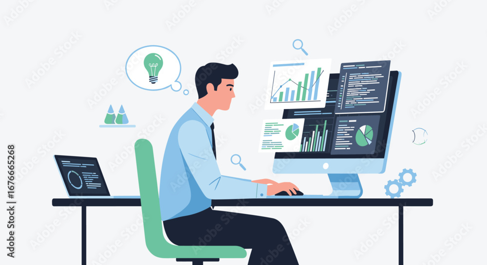 Poster man works at computer analyzing data. data analytics, business, charts, graphs, technology, ideas, i