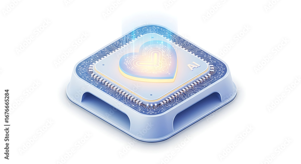 Aufkleber isometric view of a square ai chip with a heart symbol on a white background in a studio shot ai gen