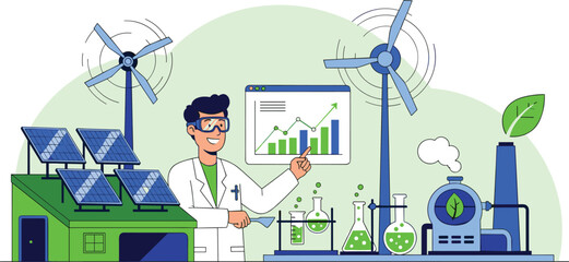 Scientist displays green energy research and growth graph. Eco-friendly, sustainability, innovation, environment, scientific study, renewable, technology, data analysis.