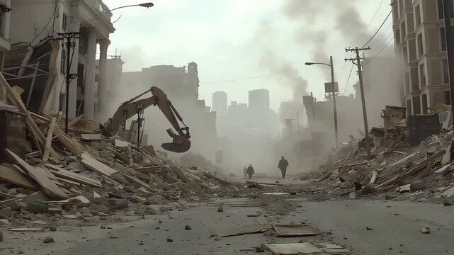 Urban devastation in the aftermath of a catastrophic event, with an excavator clearing rubble from a destroyed city street as survivors walk through the ruins