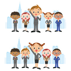 ビル街を背景に頑張る会社員の色々なポーズ