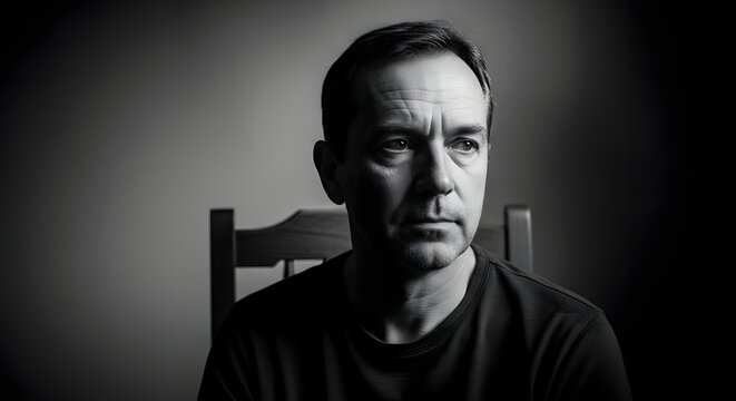 Contemplative Portrait: A monochrome portrait of a middle-aged man gazing pensively, his expression a blend of introspection and resilience.