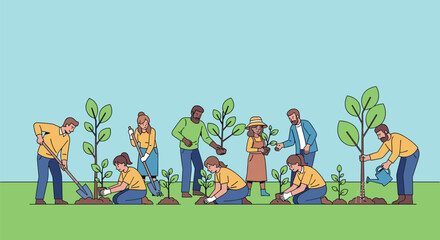 People plant trees together for environmental cause. Volunteering, sustainability, teamwork, community, environment, planting trees