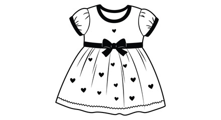 A black and white illustration of a little girl s dress with hearts