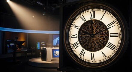 Time's Grandeur: A large, vintage clock stands prominently, its hands frozen in a moment, contrasting the modern interior with its digital screens. An ode to both past and present.