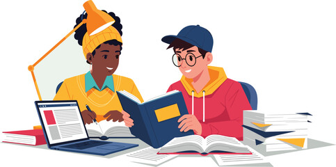 Students study together with books and laptop. Collaborative learning, teamwork, education, knowledge, studying, research, students, friends, cooperation, partnership