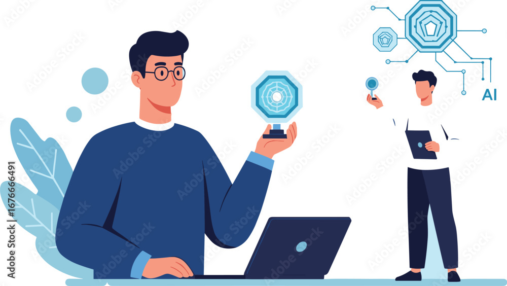 Aufkleber men working with ai and computer technology. artificial intelligence concept, future technology, mac