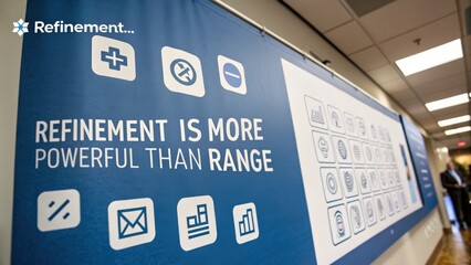 Promotional wall display featuring icons and message on refinement in business