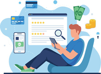 Man reviews products online via tablet. E-commerce shopping, feedback scores, rating system, mobile commerce, secure payment, digital money, consumer, web app.