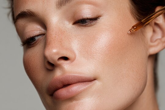 Serene closeup of woman applying facial serum with gentle expression perfect for natural skincare routine tutorials and premium beauty product advertising campaigns