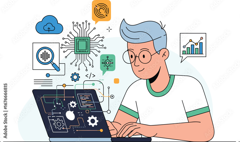 Poster coder works on laptop with software icons. programming, technology, development, coding, engineer, c