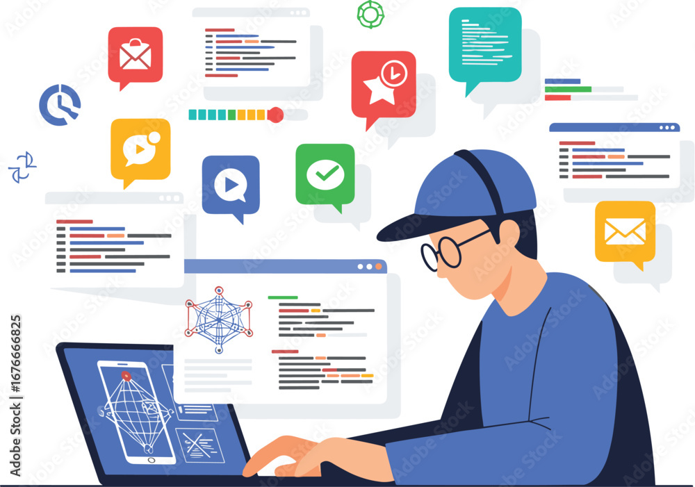 Poster developer works on laptop with code screens. coding, programming, software, engineer, developer, wor