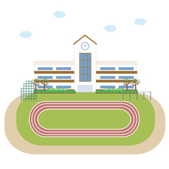 学校の校舎と大きなグランドのあるイラスト