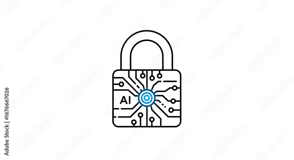 Poster illustration of a padlock with ai symbol and circuit board design on a white background ai generated