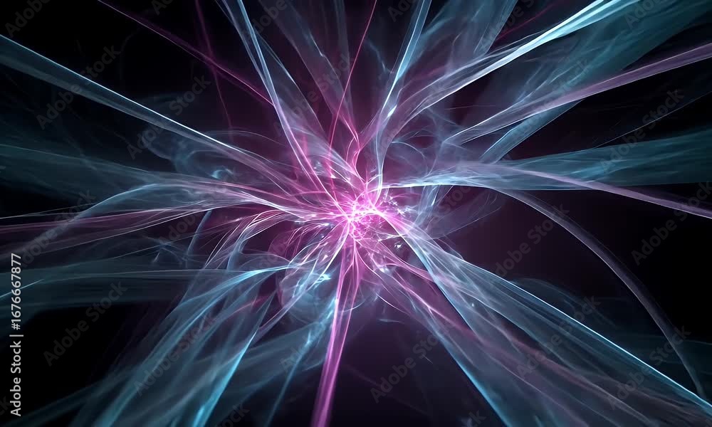 Poster abstract digital design featuring blue and purple fractal structures bursting from a central point o