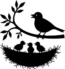 Mother Bird with Nest and Chicks – Silhouette Illustration