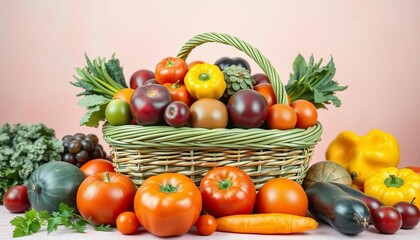 Green wicker basket overflowing with vibrant fruits and vegetables on a soft pastel background,  wicker basket,  nutritious