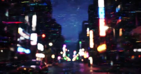 Glitchy cyberpunk cityscape at night with vibrant neon lights and digital distortion - Powered by Adobe