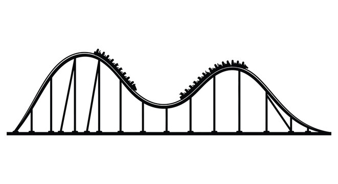 a black and white image of a roller coaster with hills and tracks