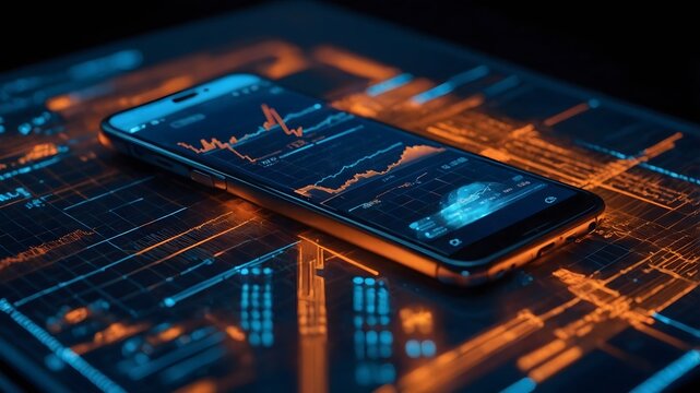 Teléfono móvil con aplicación de trading financiero sobre superficie digital futurista con gráficos de mercado - Powered by Adobe