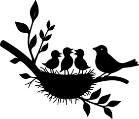 Mother Bird with Nest and Chicks – Silhouette Illustration