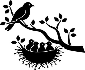Mother Bird with Nest and Chicks – Silhouette Illustration
