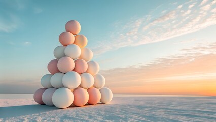 Triangular stack of pink and white spheres on snowy terrain at sunset &ndash; Surreal geometric sculpture, pastel outdoor installation, minimalist art form, dreamy horizon glow, conceptual landscape design