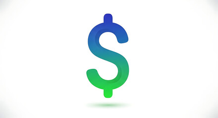 A gradient dollar sign in blue and green stands on a white background with a slight shadow below it ai generated