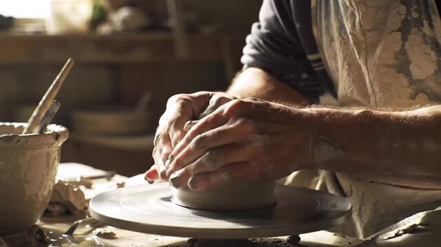 Artisan Potter Crafting Clay Masterpiece in Sunlit Rustic Studio