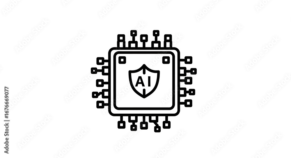Poster a black and white line drawing of a microchip with a shield containing the letters ai inside it ai g