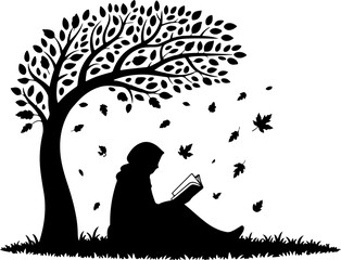 Girl Reading Under Tree – Peaceful Silhouette Nature Scene