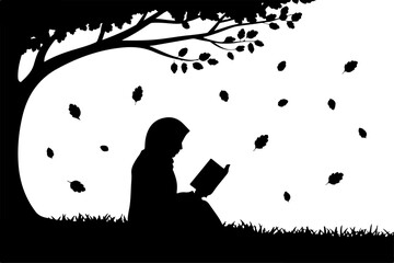 Girl Reading Under Tree – Peaceful Silhouette Nature Scene