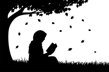 Girl Reading Under Tree – Peaceful Silhouette Nature Scene