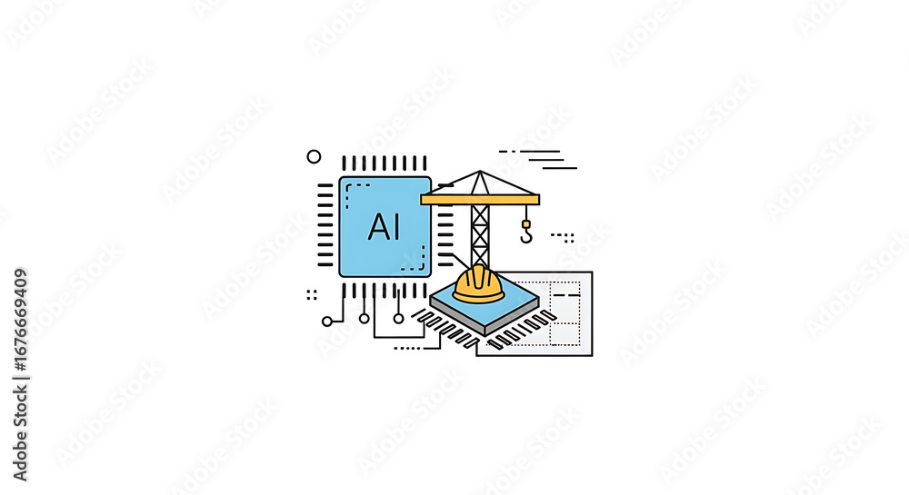 Poster illustration of ai chip with construction crane and hard hat on a binary code platform ai generated