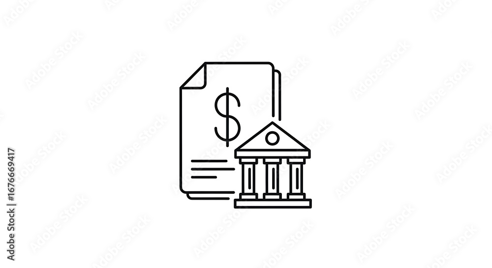 Poster a line drawing of a bank building icon next to a document with a dollar sign on it icon ai generated