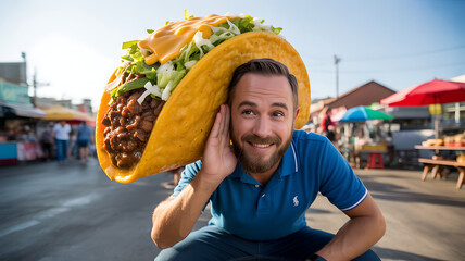 A man sits at an outdoor food market, playfully supporting a giant taco on his shoulder. Colorful umbrellas and food stalls create a lively atmosphere under a clear blue sky.