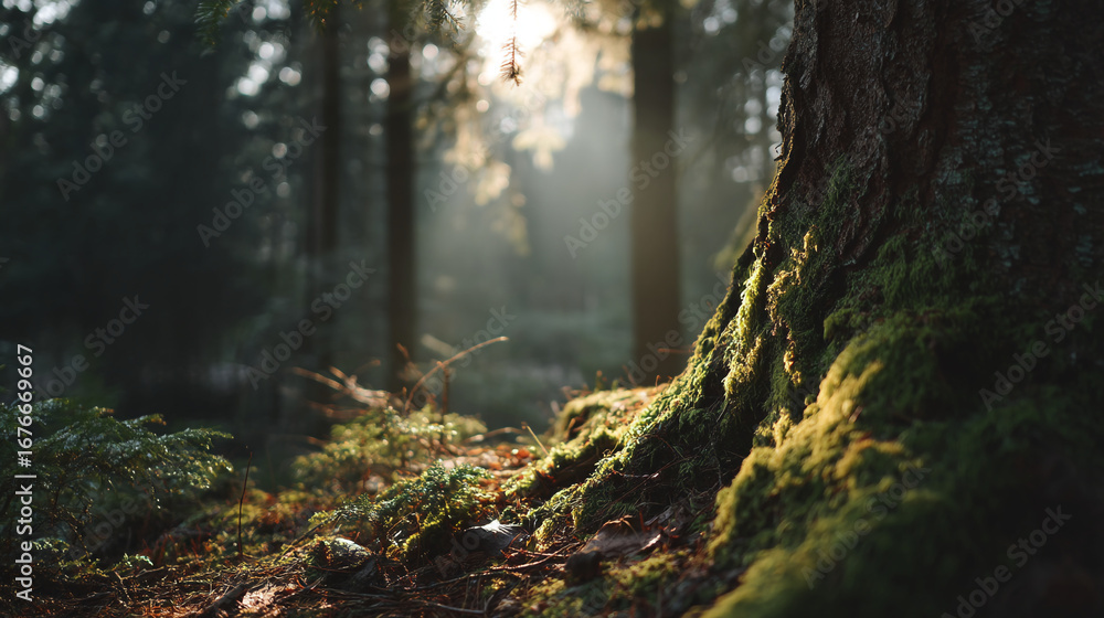 Poster Sunlight filtering through the trees illuminating a mossy forest floor scene view