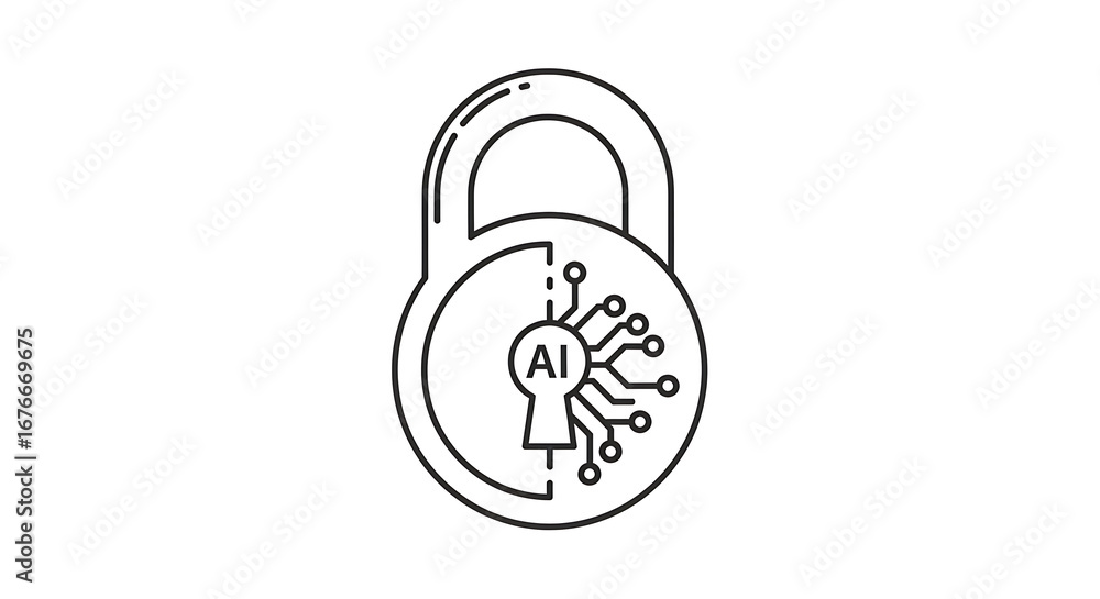 Poster outline drawing of a padlock with ai inside and a circuit board pattern on the right side of the loc