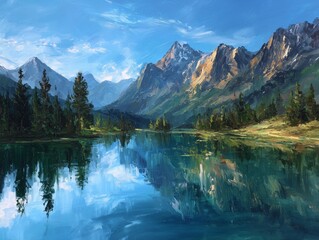 Vibrant Oil Painting: Mountain Lake and Forest