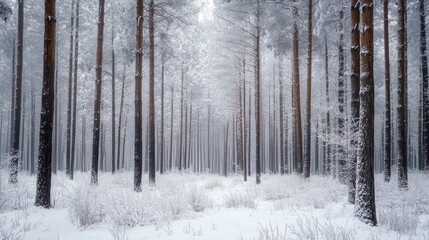 Fototapeta premium A serene winter forest scene with tall trees covered in snow, creating a peaceful and enchanting atmosphere.