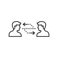 Dialogue in Silhouettes: A minimalist black and white illustration depicting two individuals engaged in a silent, yet profound, conversation with speech bubble symbols floating between them.