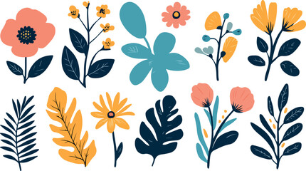 Collection of whimsical hand drawn botanical elements with vibrant colors and organic shapes