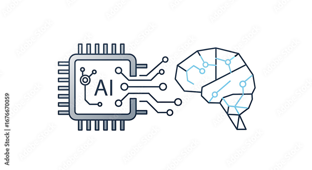 Poster illustration of ai chip connected to a brain representing artificial intelligence concept design ai 