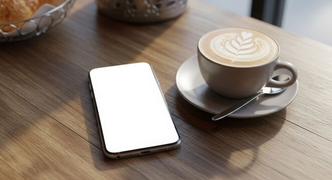 Smartphone and latte art coffee on cafe table, sunlight.