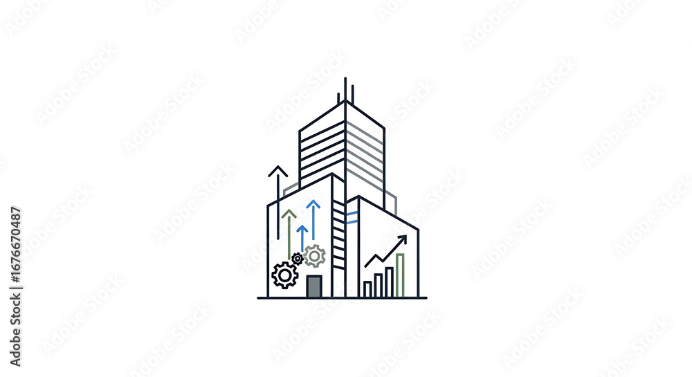 Aufkleber illustration of a building with arrows gears and a bar graph showing growth and development concept 