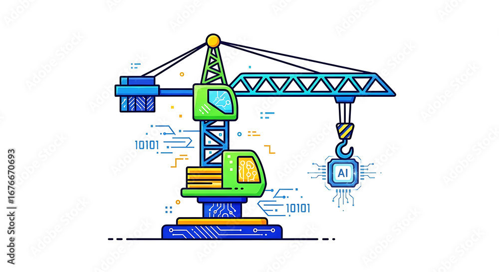 Poster illustration of a construction crane lifting an ai chip with binary code on a white background ai ge