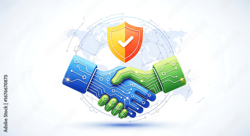 Poster digital handshake with circuit patterns and a shield representing secure technology partnership ai g