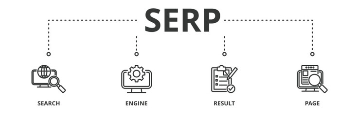 SERP banner vector illustration concept for search engine result page with icon of web search, computer, search engine, mobile search, page result, and statistics graph